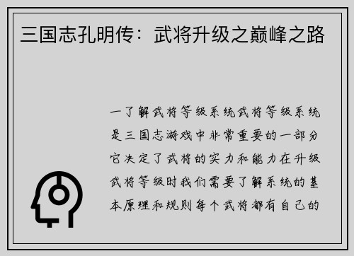 三国志孔明传：武将升级之巅峰之路