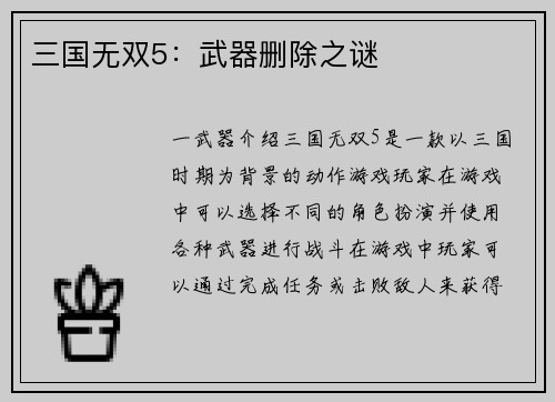 三国无双5：武器删除之谜