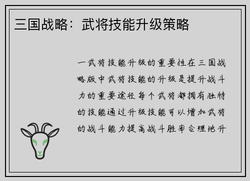 三国战略：武将技能升级策略